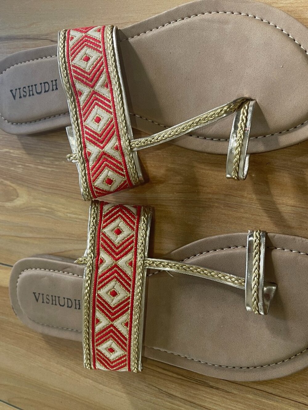 Vishudh Women's Embroidered Toe Ring Slide Sandals Size EU 39 Beige Gold Ethnic